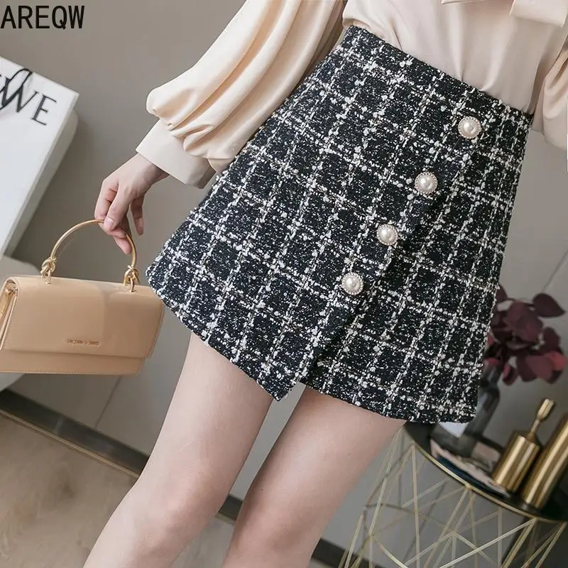 Трапециевидная твидовая юбка с завышенной талией клетчатая осенне зимняя для