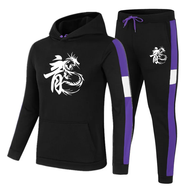 

Cool Dragon Serpent Printed Two Piece Set Hoodies Autumn Raglan Hooded Sweatshirt Street Fashion Pullover Warm Men Clothing
