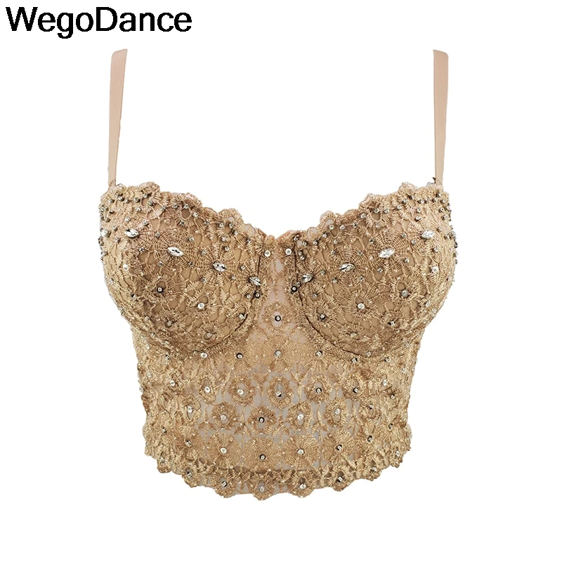 Mesh Lace Bead Bustier Pearls Diamond Push Up Night Club Bralette Women Bra Cropped Top Vest Corset Plus Size