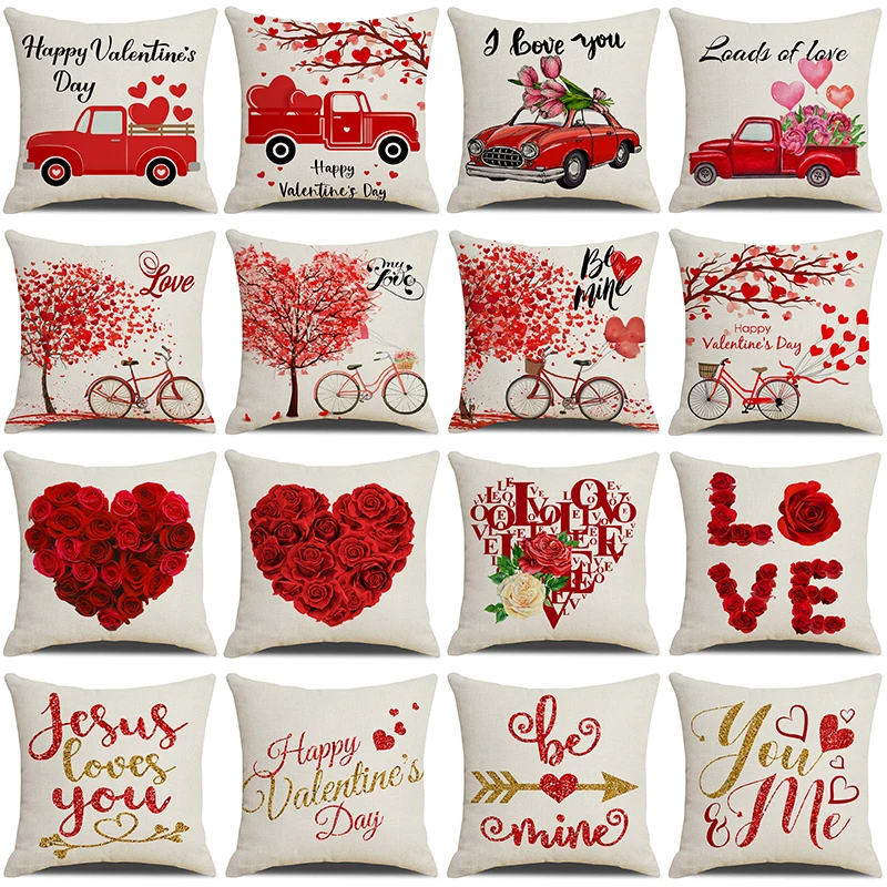 

Valentine's Day Cushion Cover Red car rose love Pillowcase Printing Pillow Covers Linen Throw Pillowcase Home decoration 18″x18″
