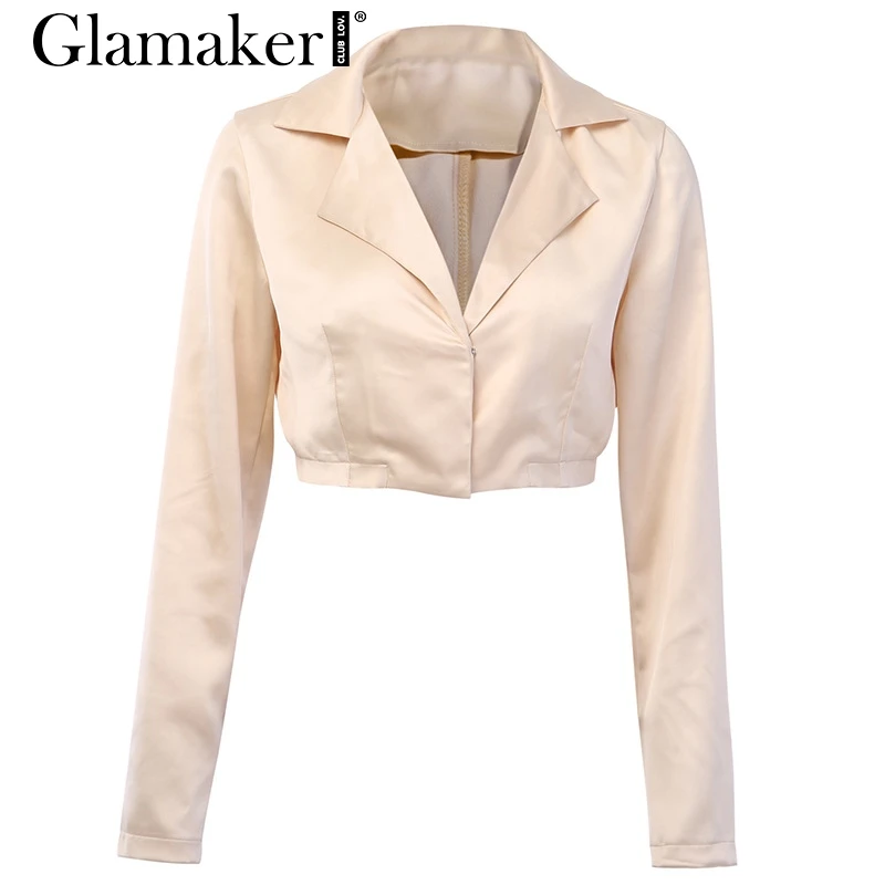 Shallow apricot Glamaker/атласная блузка с отложным воротником, короткая винтажная блузка с длинным рукавом и v-образным вырезом, элегантная женская блузка Осень-зима, вечерние, сексуальные женские блузки - Цвет: Shallow apricot