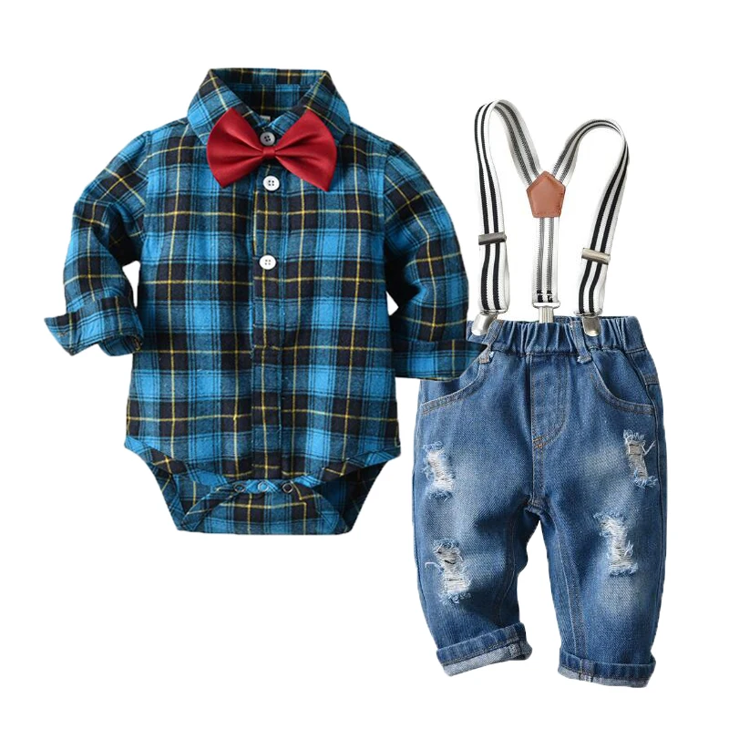 

Newborn Baby Boy Denim Clothes Cotton Plaid Rompers Gentleman Bib Jeans Clothing Suit Outfit 6 - 24M