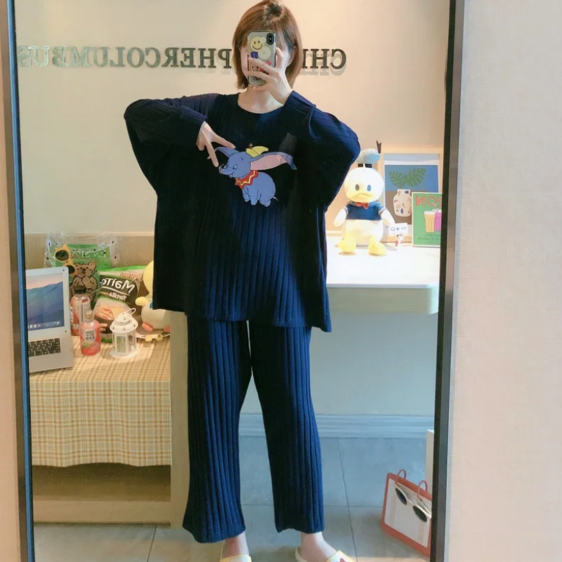 Disney Dumbo Cute Pijama Ladies Pajama Set Fashion Striped Sleepwear Home Suits Loose Soft Homewear Top and Sheer Pants Suit