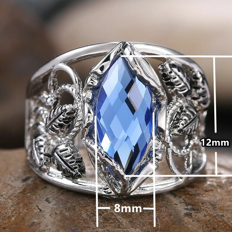 Женское кольцо с синим цирконом обручальное подвеской в виде листьев | Украшения