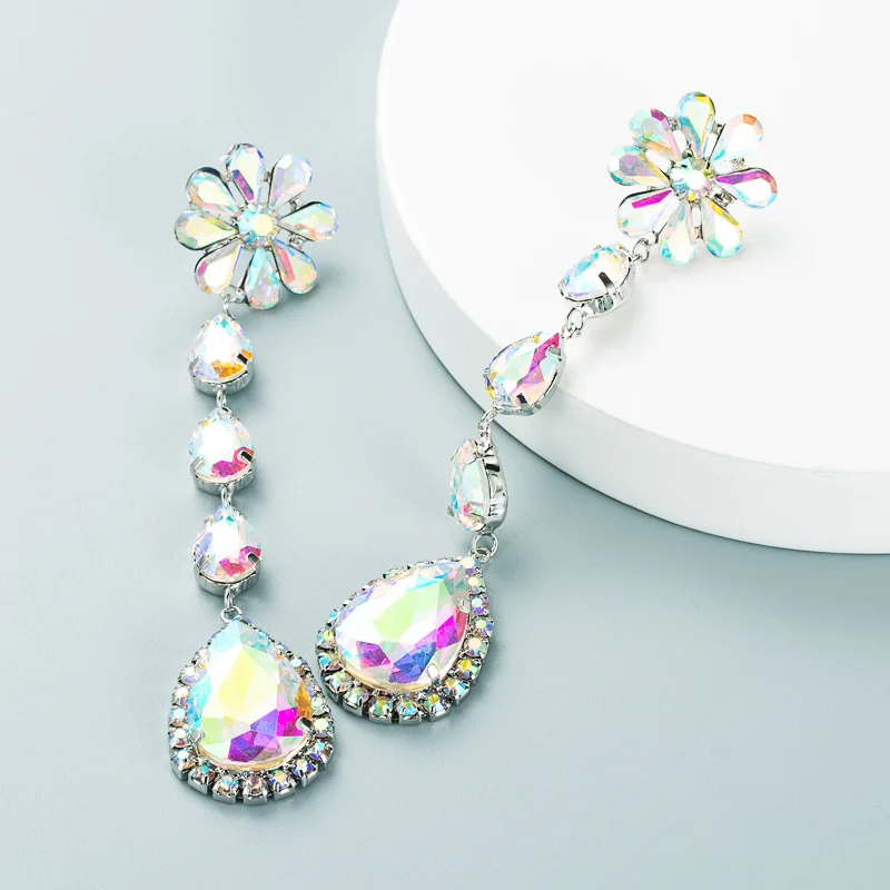 

Fashion Long Dangle Drop Flower Earrings for Women Rainbow Rhinestone Crystal Hanging Dangle Earring Bridal Wedding Jewelry