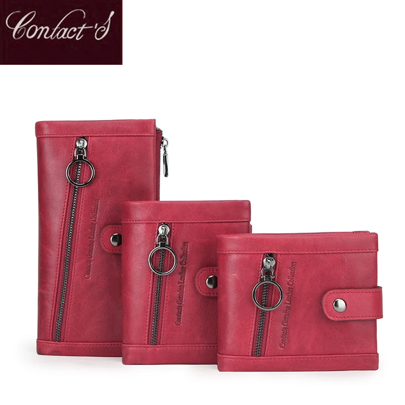 

Contact'S Women Genuine Leather Wallet Red Ladies Clutch Wallets Luxury Female Coin Purse ID Card Holder RFID Blocking