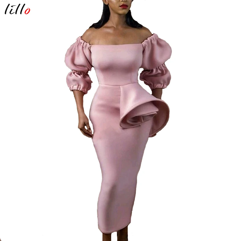 Off-the-shoulder wrapped chest waist dress new fashion party women's body banquet puff sleeves ruffled ladies African wome | Женская
