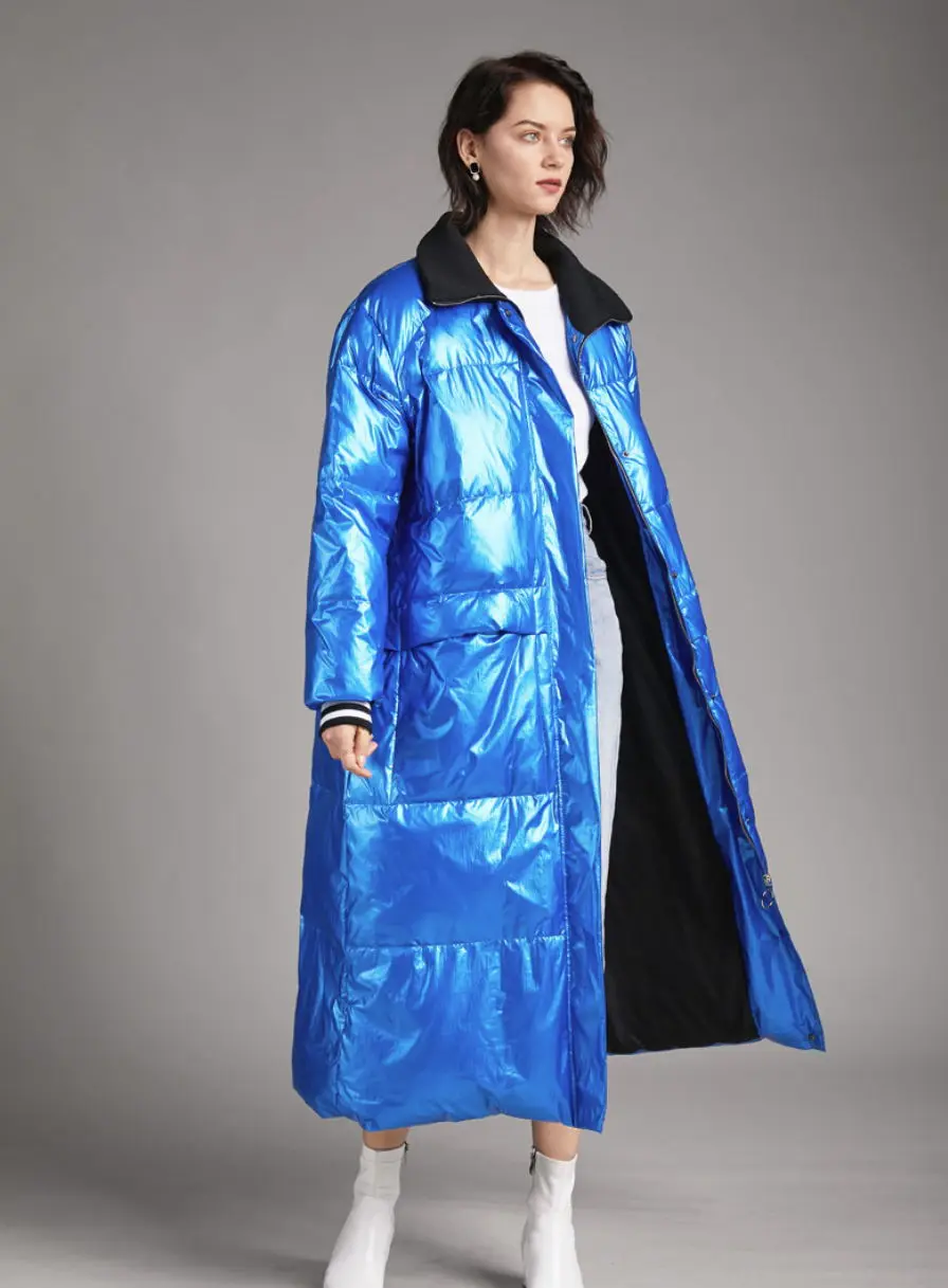 

2019 New Down Jacket Female Bright Noodle Loose Long Black Blue Europe And Large size 90 white duck down jacket