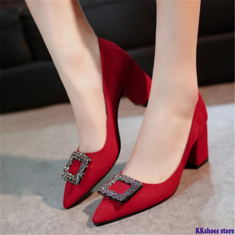 

Women Pumps High heels Lady Suede leather Crystal Square Buckle Thick with Autumn Pointed Single Shoes Wedding Female Sandals