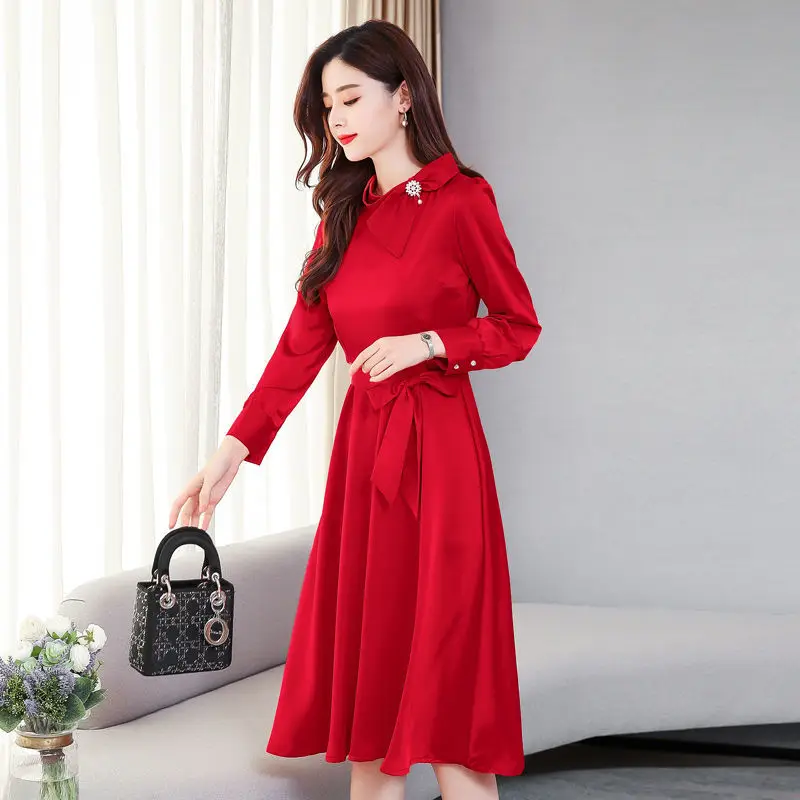 

2021 New Women Fashion Style Solid Color A-Line Dresses Female Dress Ladies Elegant Lace Up Bow Elastic Waist Slim Vestidos B113