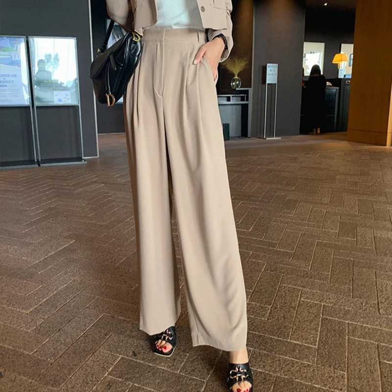 

fashion solid high quality work style 2 pieces women sets short Single-breasted jacket and long loose pants elegant women sets