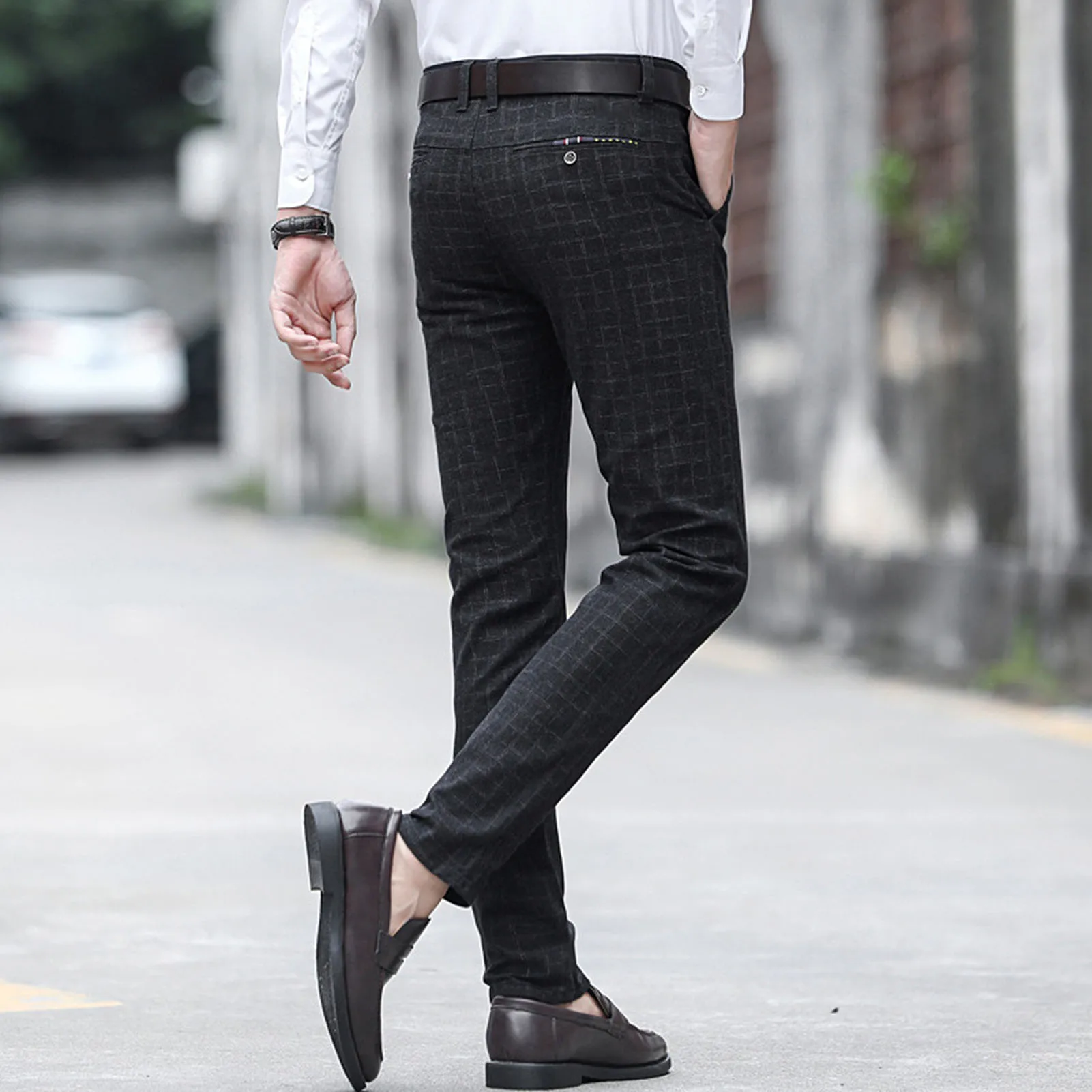 

Men Autumn Winter Regular Pants Plaid Pocket Long Slim Trousers Office Dress Pants 28-38 Size