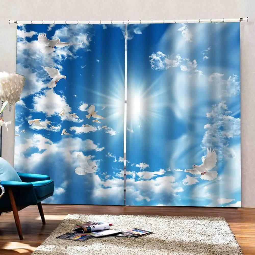 На солнце голубое небо белый занавес с облаками фото печать для гостиной спальни