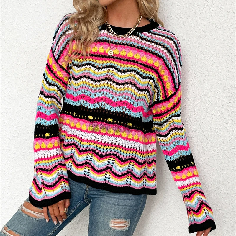 

New Hollow Knit Sweater Ladies Loose Stitching Color Striped Sweaters