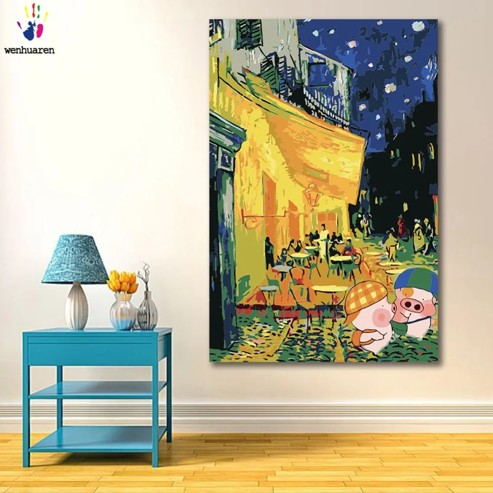 DIY картинки для раскраски по номерам с цветами ночь Кофейня свинья версия Картина