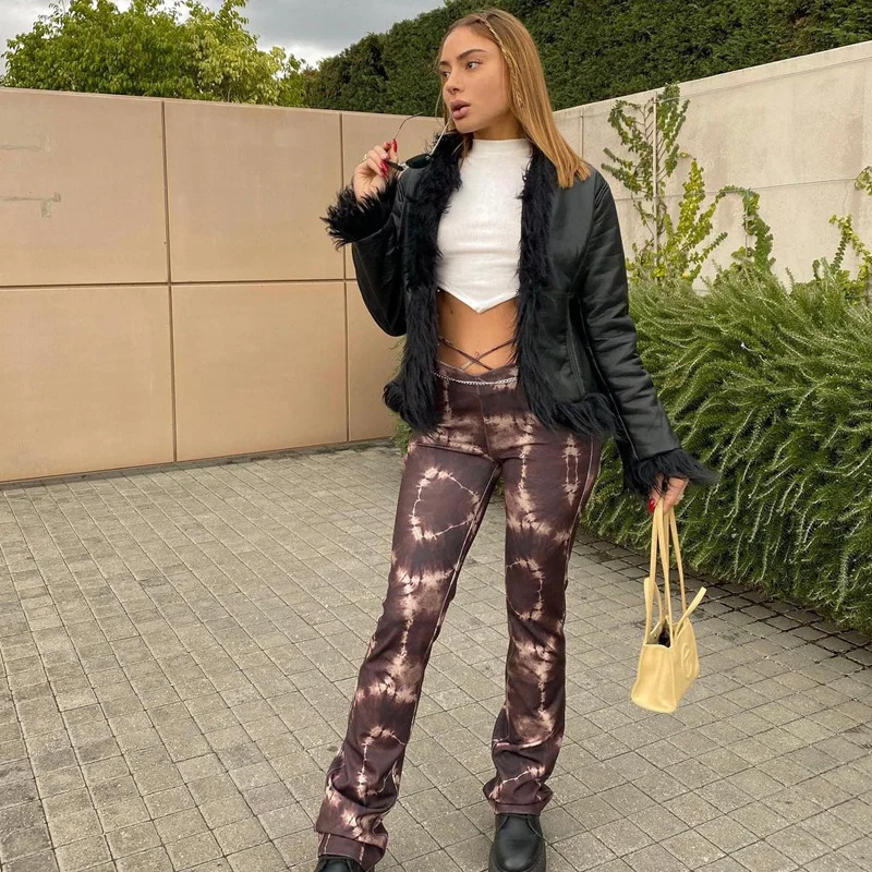 

Women Fashion High Waist Lace-up Printed Wide Leg Pants Female Casual Long Trousers For Daily Wear