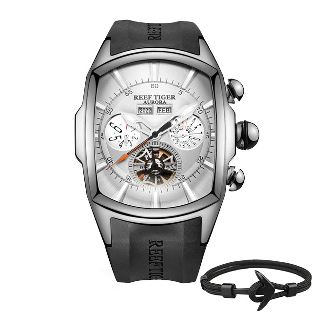 Топ бренд Reef Tiger Reloj Hombre Роскошные Tourbillon циферблат автоматические часы с резиновым ремешком механические водонепроницаемые мужские часы даты Relogio Masculino+ подарок - Цвет: RGA3069-YWB Box Gift