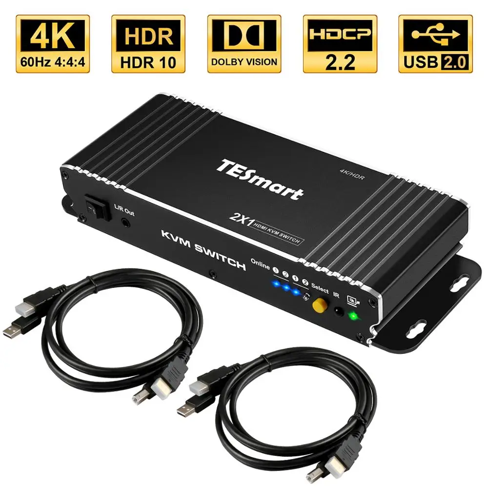 HDMI переключатель 4K, TESmart HDMI 4K@ 60Hz Ultra HD 2x1 HDMI KVM переключатель поддерживает USB 2,0 устройств управления до 2 компьютеров/серверах