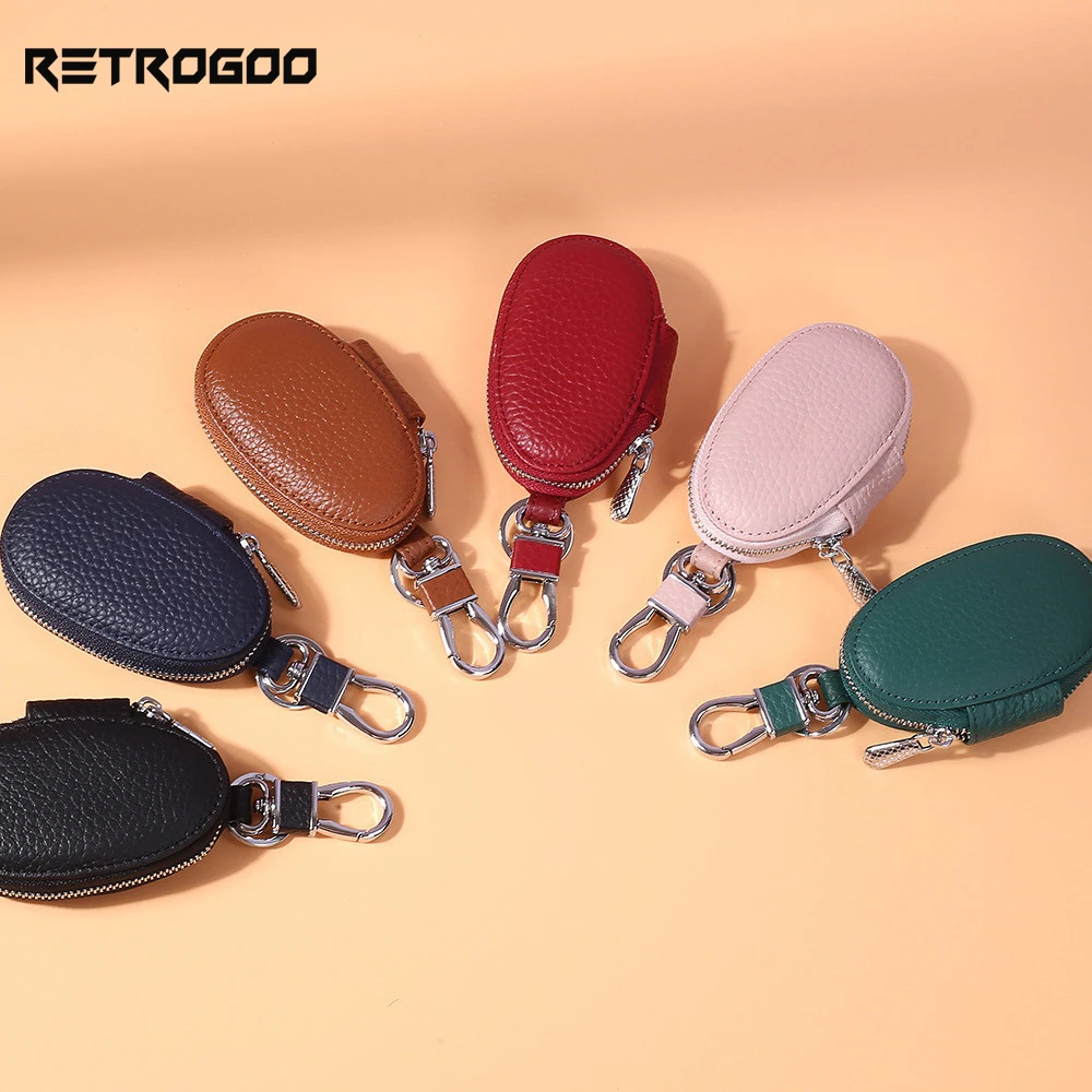 RETROGOO Genuine Leather Key Chian Car Key Case Zipper Surround Case For Key Holders Luxury Cow Leather Mini Housekepper Covers