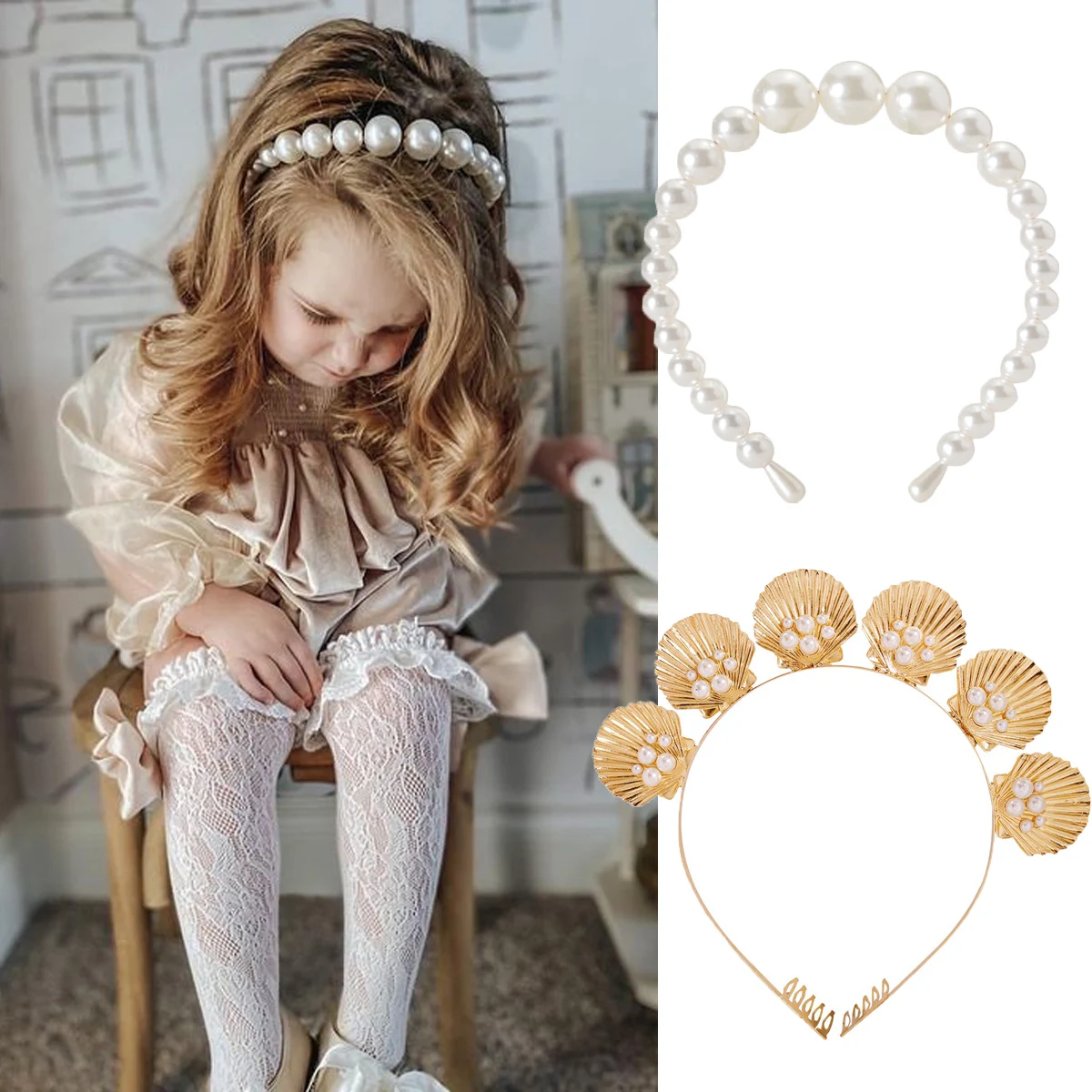 

Kids Girls Princess Hair Hoop Pearls Head Band Headwear Headdress Hair Clips Hair Accessories for Girls