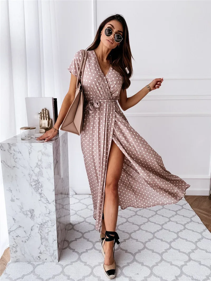 

Summer Short Sleeve V-neck Bohemian Polka Dot Print Dress Long Skirt