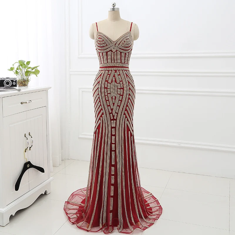 Burgundy Robe De Soiree Вечерние платья Русалка Тюль Спагетти ремень открытая спина развертки бисером реальное изображение Выпускные платья LSX116 - Цвет: Burgundy