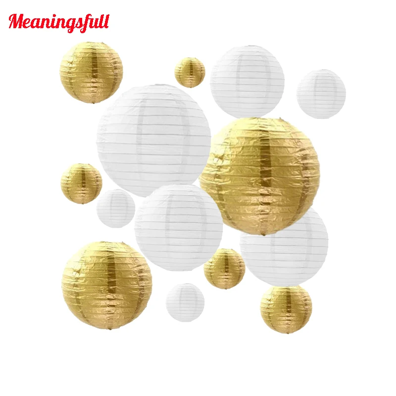 10pcs/set Mixed Size(10cm,15cm,20cm,25cm,30cm) Gold White Paper Lanterns Chinese Ball Lampion For Party Wedding Birthday Decor