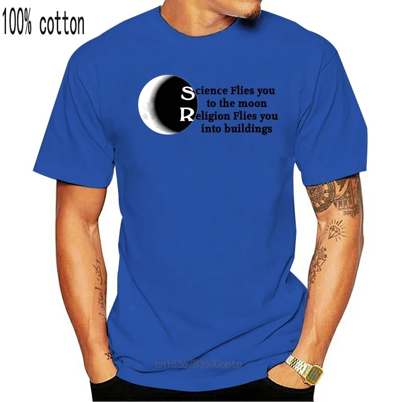 

New 2021 2021 Summer Cool Tee Shirt Science Flies You to The Moon Religion Into Buildings Atheist T-shirt Cotton T-shirt