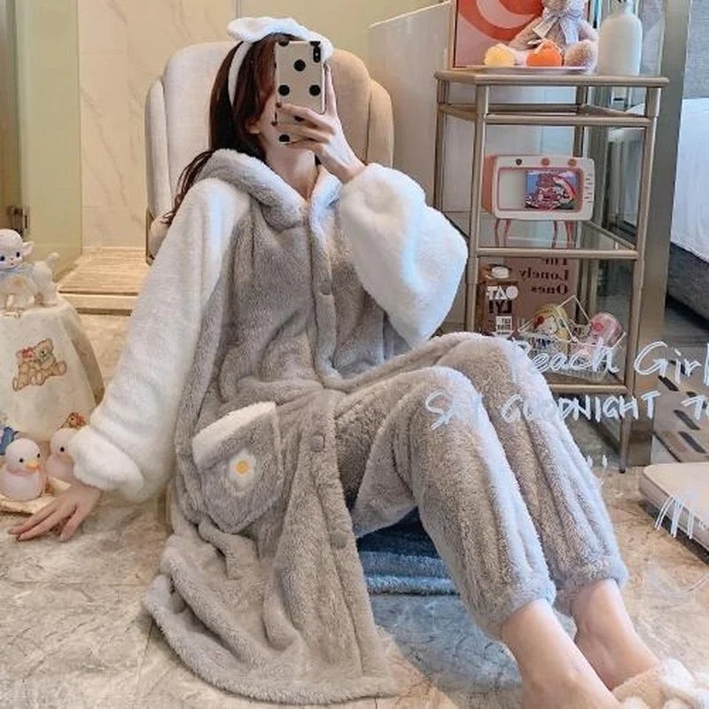 

Пижама зимняя ночная рубашка для кормления грудью утепленный послеродовой халат из трех предметов Пижама для беременных одежда для сна жен...