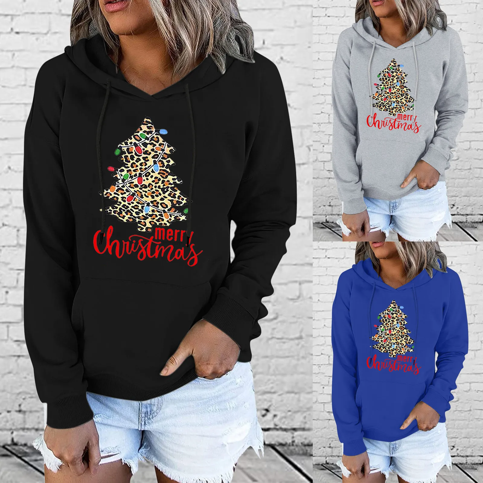

Winter Women Christmas Tree Hoodies Casual Printed Long-sleeved Hooded Sweatshirts Loose Pullovers With Pockets Sudaderas A40