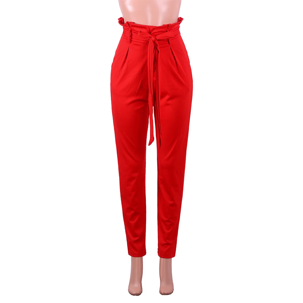 

Women Casual High Waist Pencil Pants Plus Size Office Lady Fashion Streetwear Ruffles Trousers With Sashes Sportswear Sweatpants