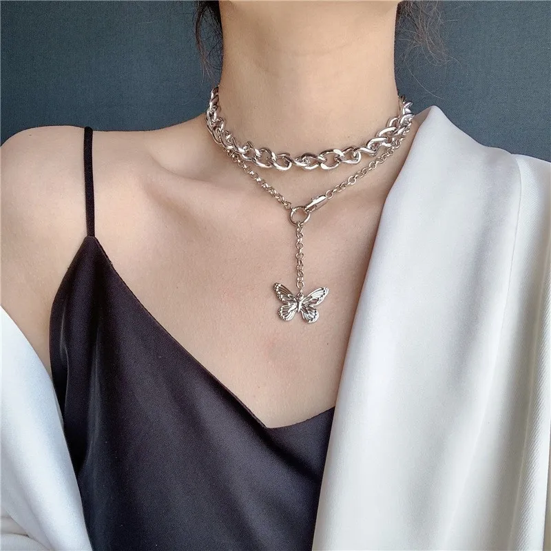 

2 Pc/set Women Gift Necklace Clavicle Chain Women Butterfly Fashion Layer Silver Color Necklace Birthday Party Jewelry Wholesale
