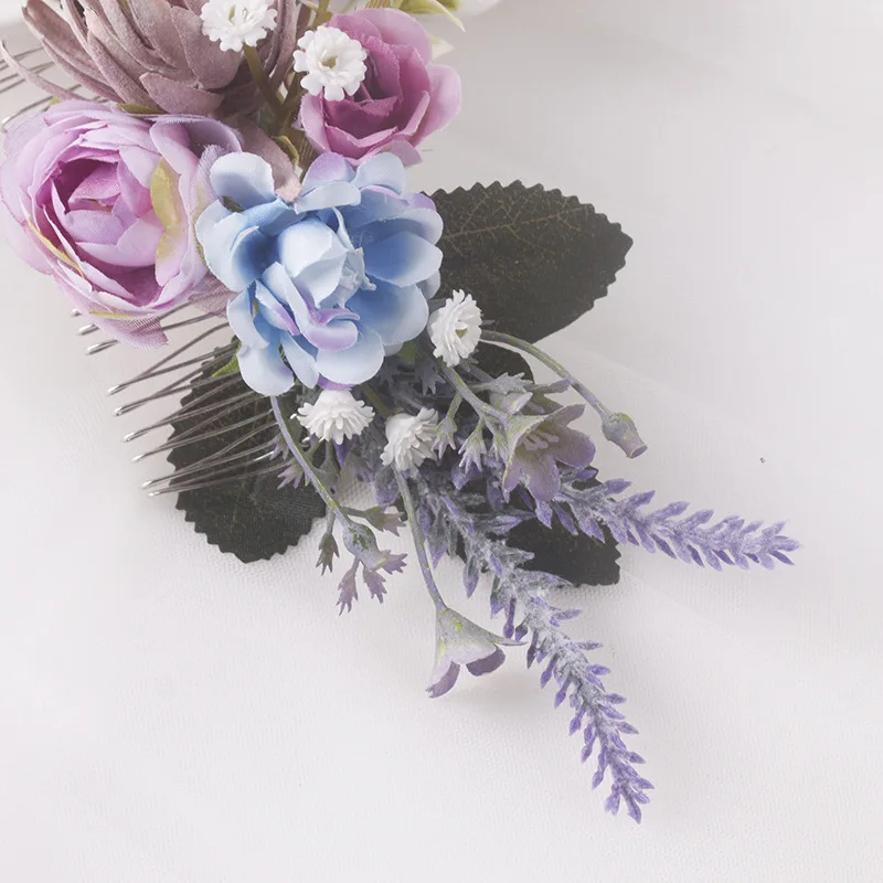 INS Lavender Artificial Flowers Bride Hair Comb Headpiece Handmade Fabric Korean Wedding Bridesmaid Hair Clip Hair Accessories images - 6