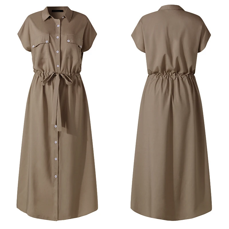 

Summer sun skirt women's elegant dress oversized short sleeve casual loose button high waist MIDI Robe