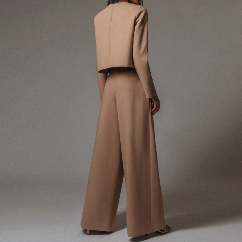 

2021 Summer Women Fashion Casual Solid Two Piece Sets Elegant Round Neck Tops And Wide Leg Pants Suits Office Lady Loose Outfits