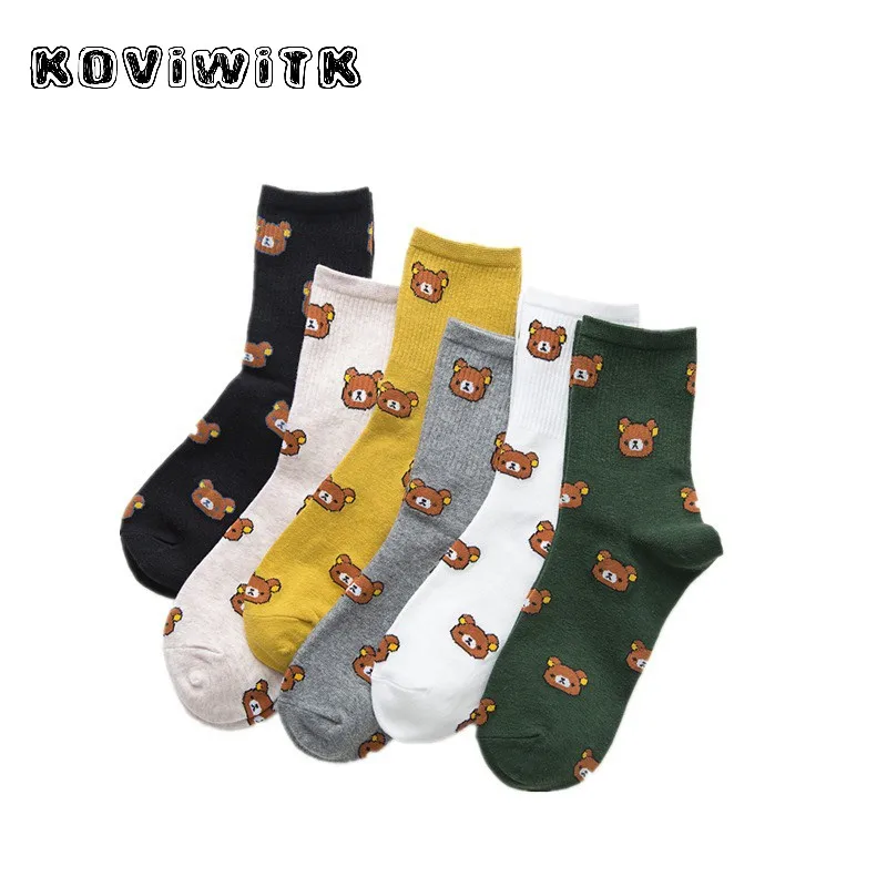 Хлопковые повседневные белые забавные женские носки с вышитым медведем из