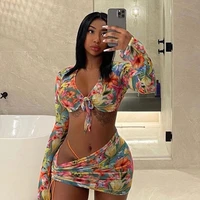 spring summer print sexy two piece set women long sleeve crop top mini skirt matching sets club birthday outfits streetwear y2k