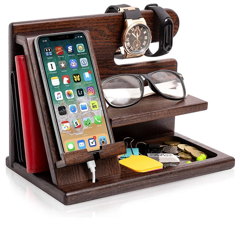 wooden mobile phone holder multifunctional can hang watches glasses keys accessories desktop charging storage rack free global shipping