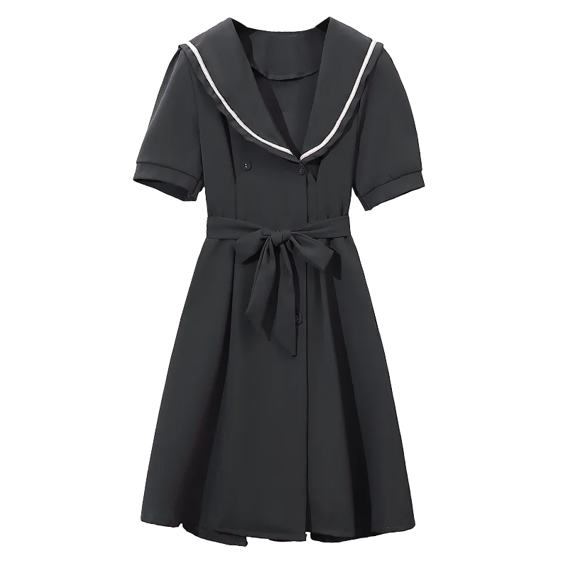 

PERHAPS U Women Elegant ArmyGreen Bow Belt Sashes Sailor Collar Double Breasted Slim Short Sleeve Dress D3046