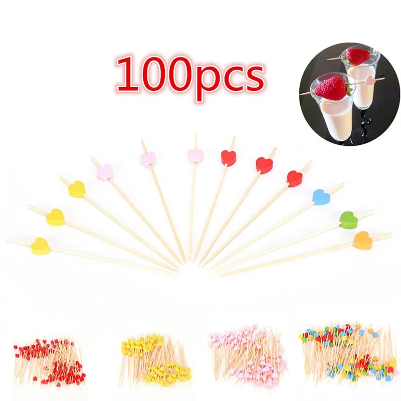 100pcs12cm сердце бамбуковые пищевые палочки буфет фрукт для кекса вилка вечерние торт десерт салат растительные палочки коктейль зубочистка шампур