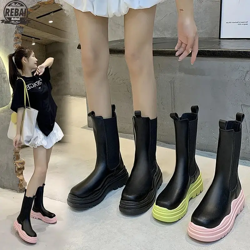 

British Chelsea Boots For Women Black Leather Round toe Flat Knight Boots Thick Bottom Platform Winter Shoes Woman