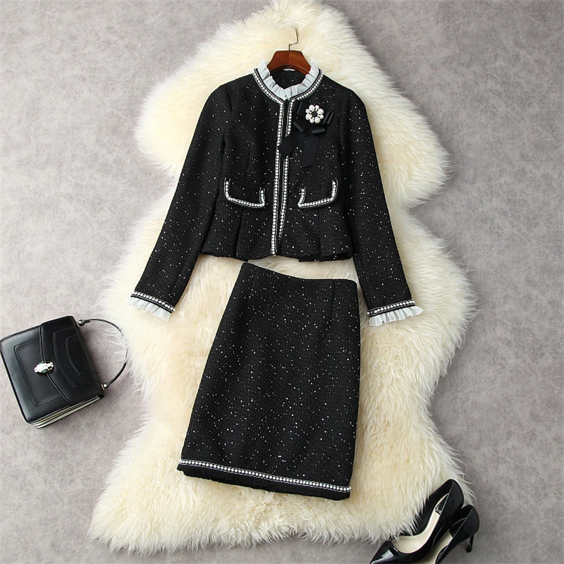 

Women Office 2 Piece Outfits Formal Tweed Skirt Suits Runway Brand Ruffles Pearls Beading Woolen Jacket Coat + Black Skirts Sets