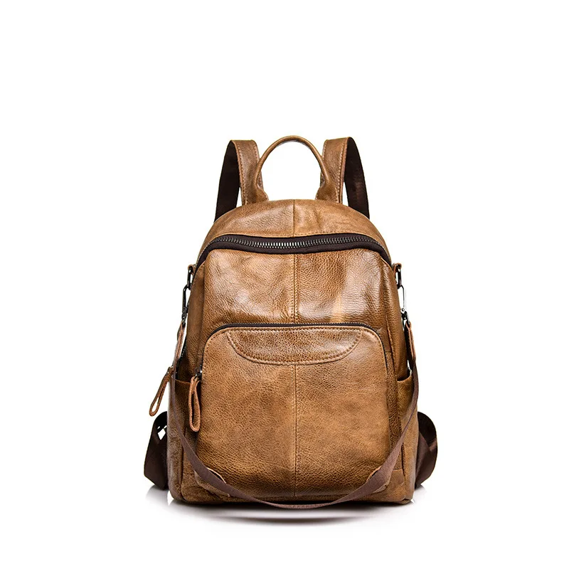 Brown luxury genuine leather backpack women casual cow leather backpacks for travel gray ladies shoulder bag - Цвет: Brown