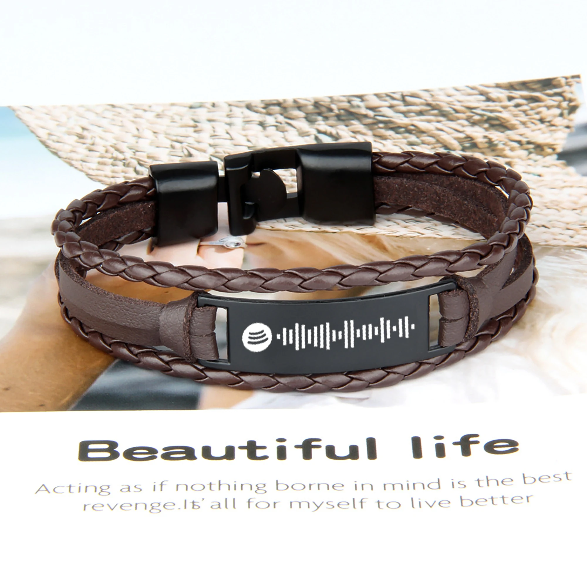 

Black Custom Music/Song Spotify Scan Code Three Layer Leather Rope Bracelet For Music Lovers Fashion Charm Private Made Gifts