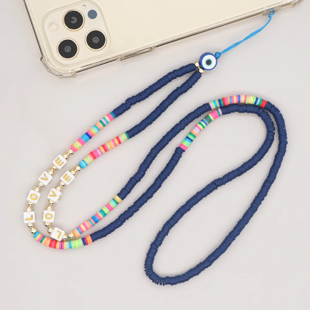 

Navy Blue Soft Pottery Mobile Phone Chain for Women Girls Beaded Cellphone Letter Strap Lanyard Cord