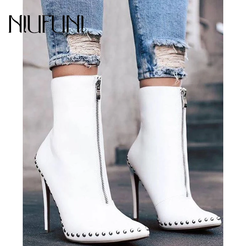 

NIUFUNI Autumn Pointed Rivet Black White Women's Boots Martin Boots Size 35-42 Zip Leather Stiletto High Heels Ankle Boots Shoes