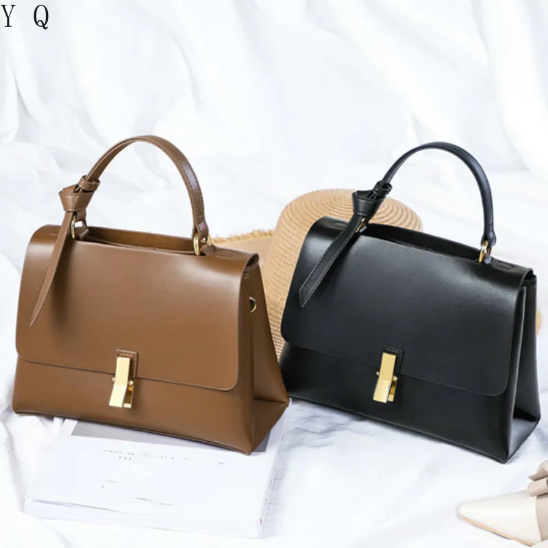 

Coated Cowhide Leather Solid Color Lady Handbag Large Capacity Retro Small Square Bag Shoulder Messenger Bag