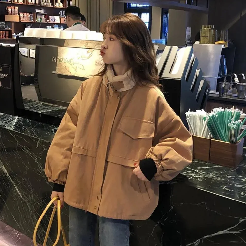 

Женские куртки Harajuku Tooling, осенне-зимние свободные повседневные винтажные теплые пальто с коротким воротником-стойкой, бархатная верхняя од...