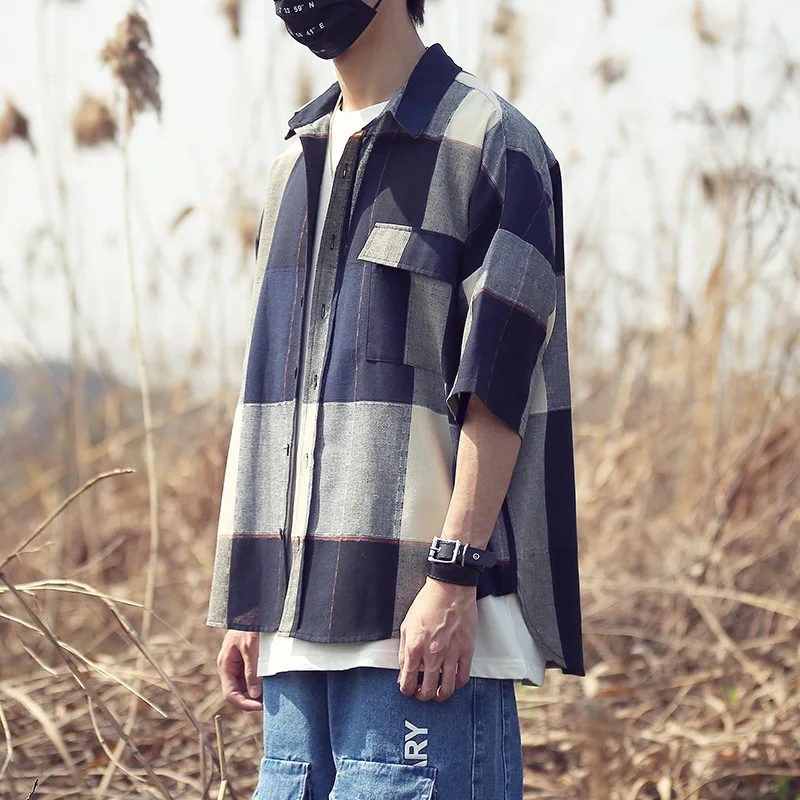 

2021 Summer Big Plaid Shirt Men's Tide Brand Fashion Europe And American Loose Preppy Style Men's Printed Shirt X027