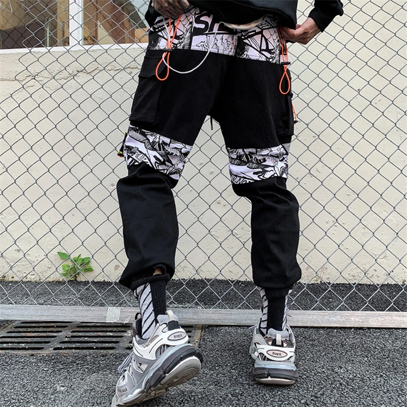 Черные лоскутные брюки-шаровары мужские повседневные бегущие штаны в стиле